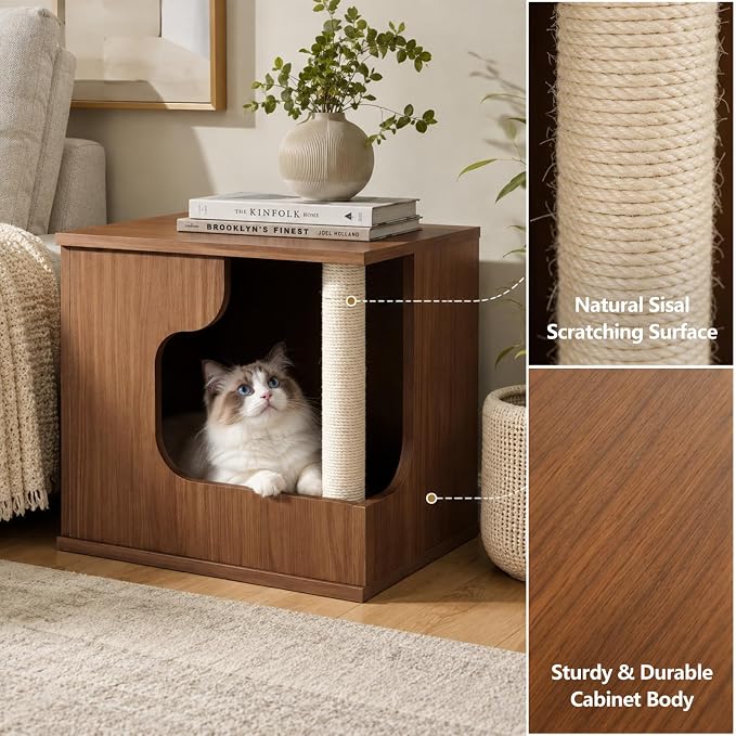 Cat Side Table with Cat Scratching Posts,Cat House with Storage for Living Room | Multi‑Purpose Cat Hideaway Furniture with Sisal Scratching Post, Cat Cave Bed for Indoor Cats, Human‑Pet Shared Table