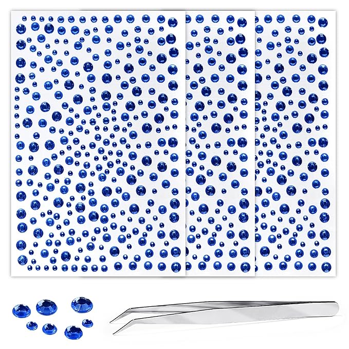 975Pcs Face Gems Hair Gems, Self-Adhesive Face Jewels Eye Jewels Rhinestones 3/4/5/6 mm DIY Face Gems Stick on, Hair Body Rhinestones Gems Crystals Pearls for Face Makeup, Crafts (gem_darkblue)