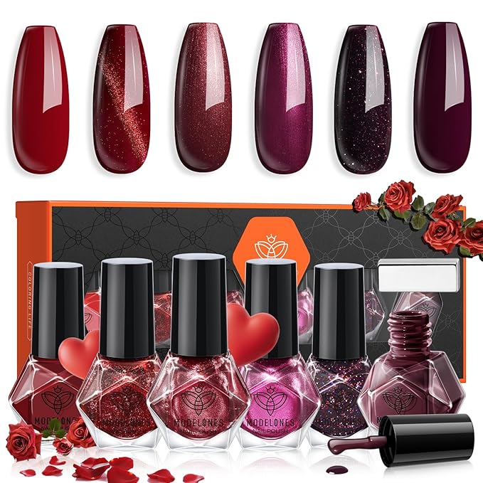 modelones Red Nail Polish Set 6 Colors, Valentines Cat Eye Burgundy Glitter Dark Purple Quick Dry Mini Nail Lacquer Kit Magnetic DIY Home Nail Art Manicure Gifts for Women Girls