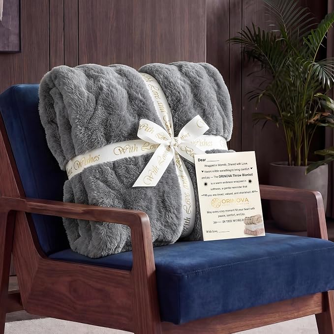 ORINOVA Grey Throw Blanket for Couch Soft Fuzzy Faux Fur Bubble Fluffy Plush Blankets for Women Sofa Accent Warm Cozy 50x60 Blanket for Living Room Bedroom Home Decor