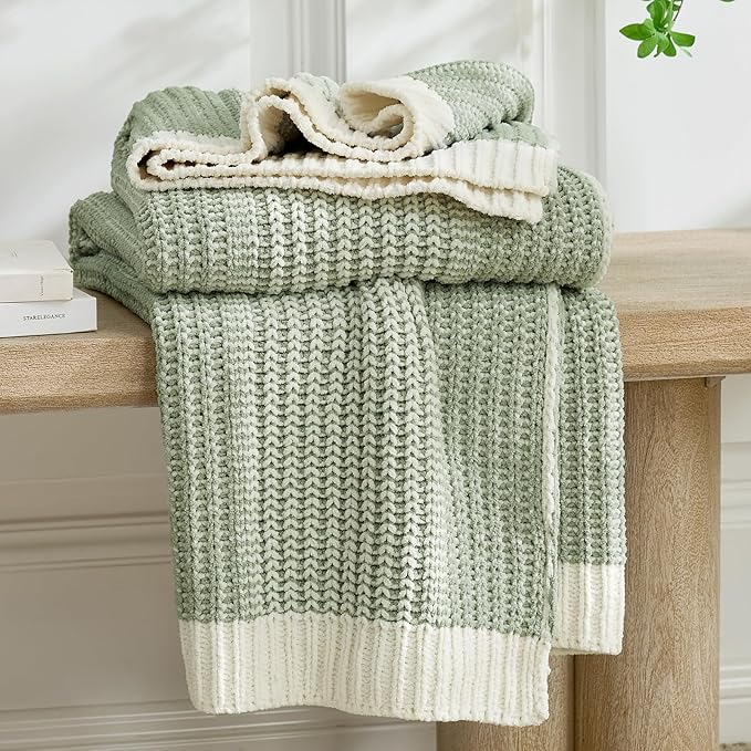 Checkered Chenille Throw Blanket, Soft Cozy Luxury Classic Knitted Blanket for Sofa, Couch, Bed, Living Room, Lightweight Warm Home Decor (Two-Tone Sage Green, 60" X 80")
