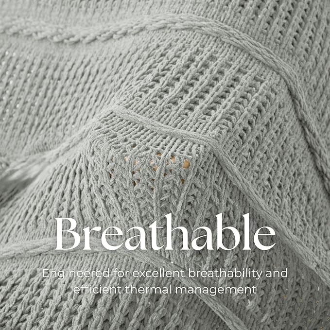 Boho Knitted Chenille Blanket with Tassels - Lightweight & Soft All-Season Throw - 3D Classic Pattern for Living Room Bedroom Couch, Silver Sage, King 90"x108"