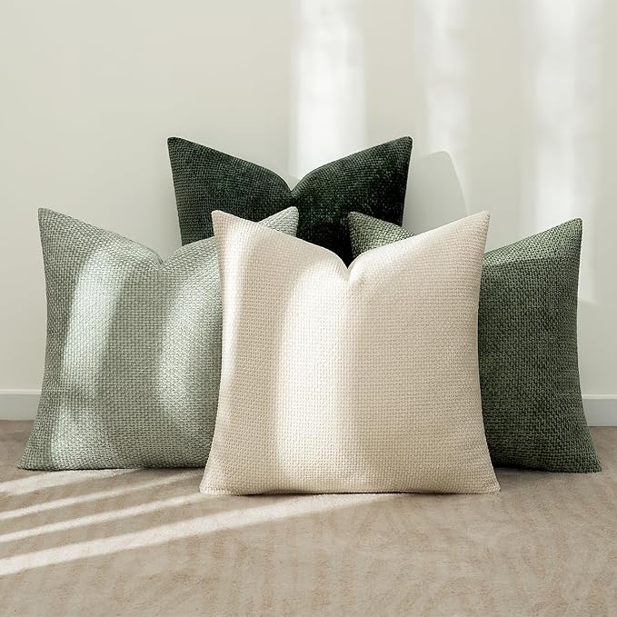 MIULEE Soft Decorative Chenille Pillow Covers Green 16x16 Pack of 4 | Nordic Home Decor, Nature-Inspired Green Set, Couch Throw Pillows, Farmhouse Boho Cushion Covers for Sofa Bed Living Room