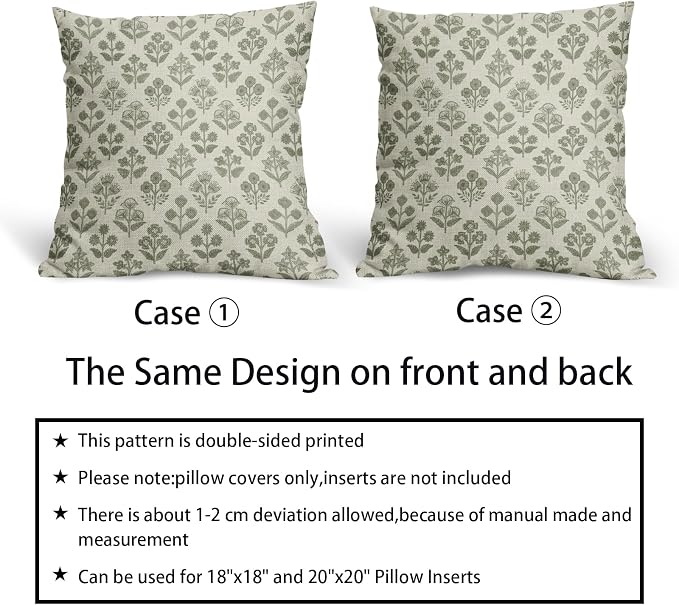 Sage Green Floral Pillow Covers 24x24 Inch Set of 2, Vintage Flower Block Print Pattern Decorative Throw Pillowcases Outdoor Farmhouse Cushion Covers Spring Summer Rustic Sofa Couch Bed Decor