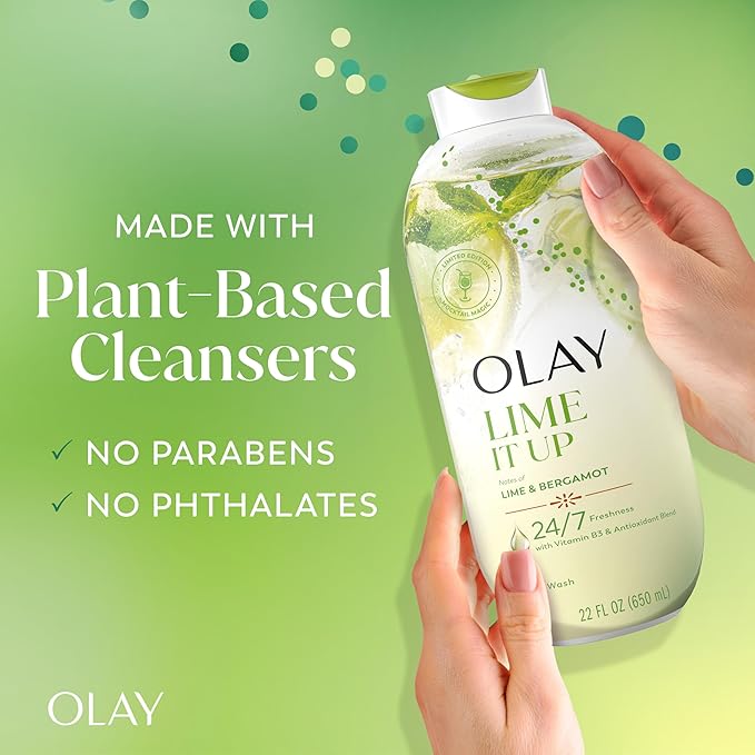 Olay Body Wash for Women, 24/7 Skin-Loving Freshness, Miami Mocktails, Plant Based Cleansers, Vitamin B3 & Antioxidant Blend, For All Skin Types, Lime It Up with Lime & Bergamot Scent, 22 fl oz