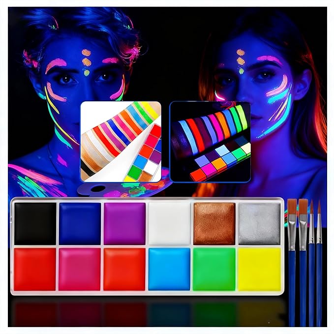 Glow UV Blacklight Face Paint,Neon Fluorescent Body Painting Palette,Water Activated Makeup Eyeliner,Water Based Glow In The Dark Party Halloween Washable for Adult Body Paint Set (12 color)