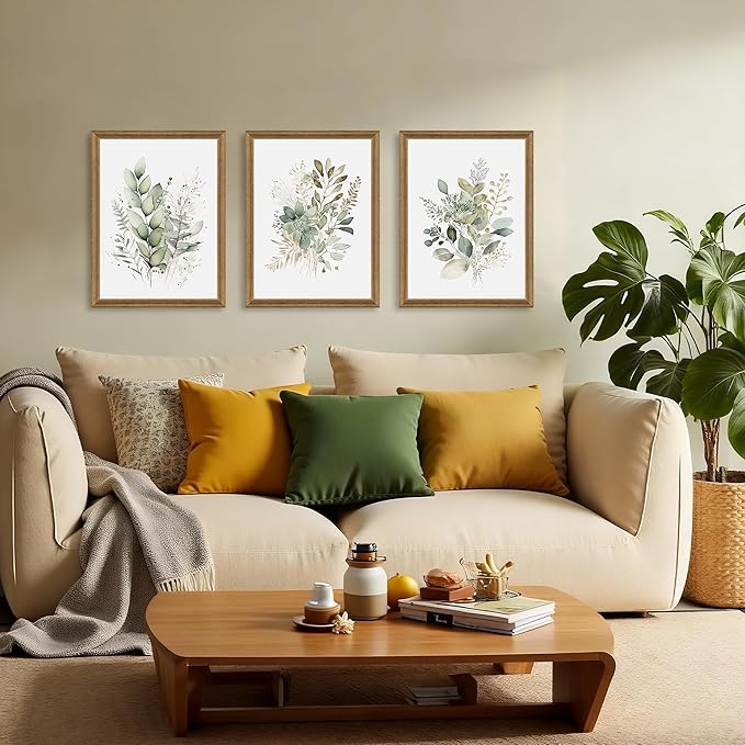 WRFON Framed Sage Green Botanical Wall Art Set of 3, Watercolor Eucalyptus & Wild Plant Canvas Prints, Minimalist Green Wall Decor for Living Room Bedroom Bathroom, 12x16 Inches