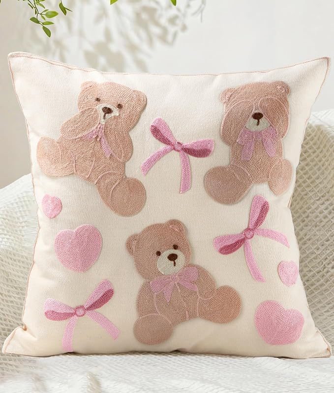 Animal Embroidered Throw Pillow Cover 18x18 Inch, Cute Bears | Decorative Pillow Cover, Farmhouse Cushion Cases with Hidden Zipper, Cottagecore Decor for Couch, Sofa, Living Room