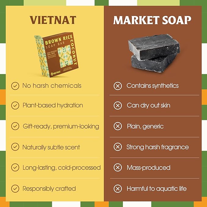 Brown Rice & Coconut Milk 2-in-1 Soap Bar (4.2 oz) | Gentle Exfoliation & Nourishing Cleanse | Cold-Processed, Handmade in Vietnam for Smooth, Fresh Skin