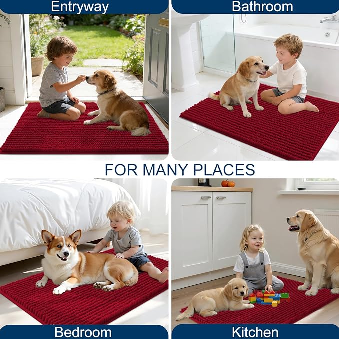 OLANLY Dog Door Mat for Muddy Paws 24x16, Extra Absorbent Chenille Mud Mat | Red, Absorbs Moisture and Dirt, Non-Slip Machine Washable Doormat, Quick-Drying Indoor Entryway Floor Mat for Dogs