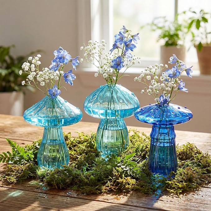 7 Pcs Glass Mushroom Vase Propagation Station with Hydroponic Plant and Artificial Fake Moss 6 Colored Plant Vase Table Centerpiece Decor for Forest Birthday Wedding Party Decoration (Blue)