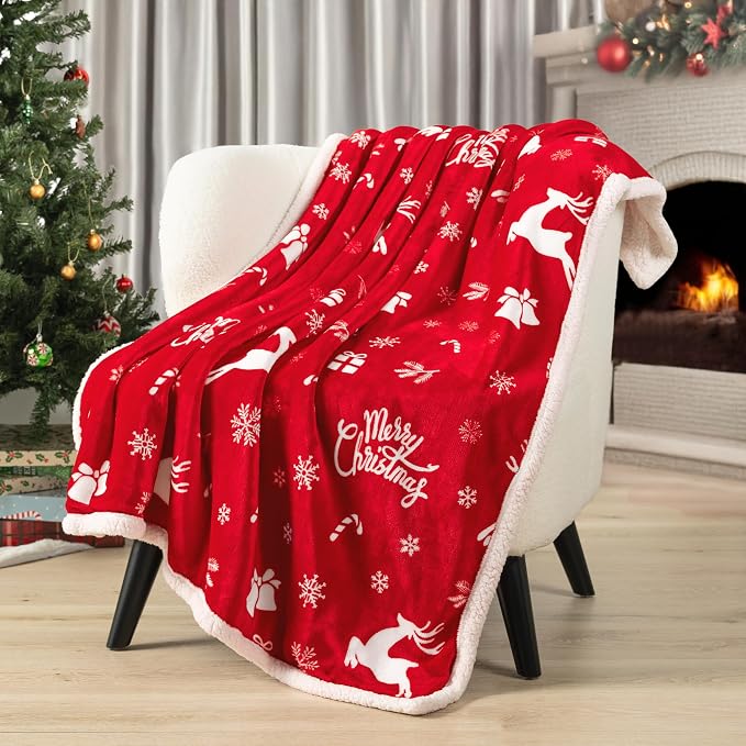 PAVILIA Red Reindeer Christmas Sherpa Throw Blanket, Ultra Soft Reversible Fleece Sherpa 60x80 Winter Blanket for Couch & Bed, Cozy Christmas Home Decor Holiday