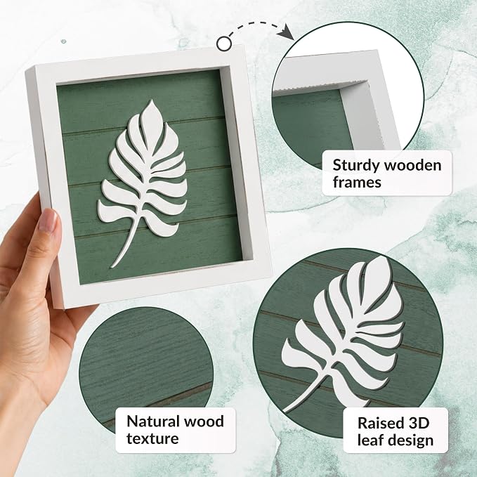 Tide and Tales 3D Green Botanical Wall Art, Framed Set of 4, Leaf Decor | 7x7 Inch, Lightweight, Wooden, Ready-to-Hang, Minimalist Boho Farmhouse Pictures for Bathroom, Bedroom, Living Room or Office