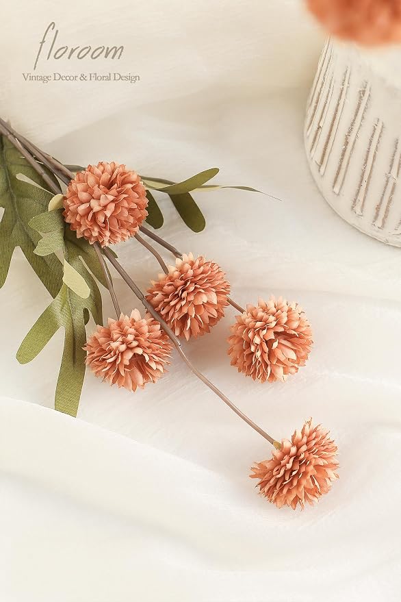 5pcs Burnt Orange Faux Silk Mums Artificial Flowers, Bulk Fake Small Mini Chrysanthemums with Stems for DIY Wedding Centerpieces Floral Arrangements Vase Fillers Home Decorations