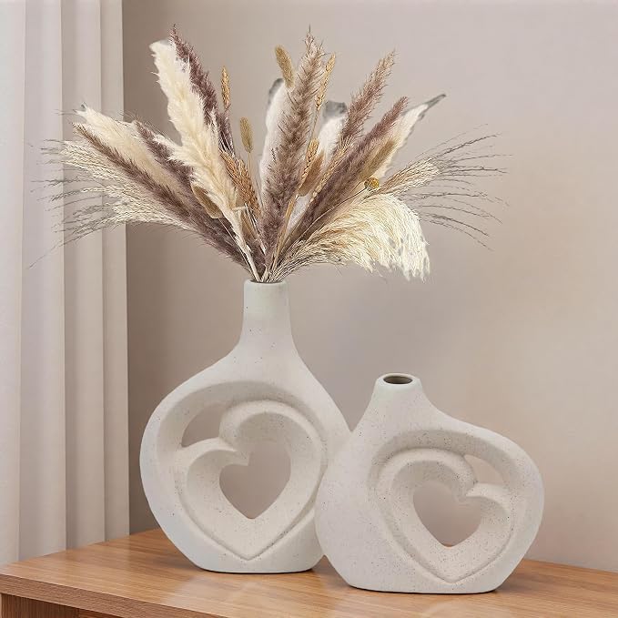 Cream White Ceramic Heart Shaped Vases Set of 2 | 8.5in Nordic Design, For Home Decor, Table Centerpiece, Wedding & Living Room, Bookshelf & Office & Entryway
