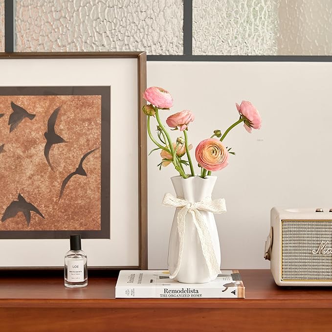 White Ceramic Flower Vase, 8 in Modern Decorative Vases for Home Decor | Minimalism Boho Vases for Centerpieces, Unique Vase for Famhouse Table Bedroom Living Room Office Wedding Farmhouse Decor