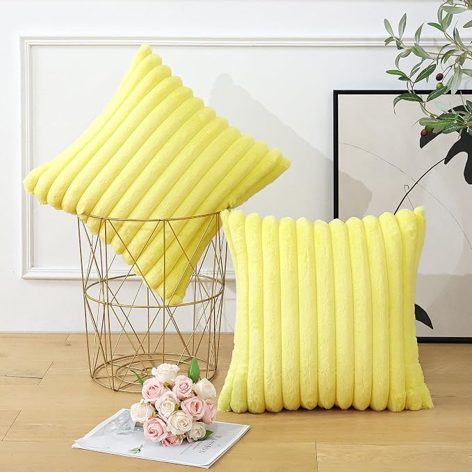 Soleebee Set of 2 Throw Pillow Covers Soft Cozy Velvet Pillowcase Faux Rabbit Fur Cover for Couch Sofa Bed Chair Home Decorative Pillows Cover (24x24 Inch, Lemon Yellow)
