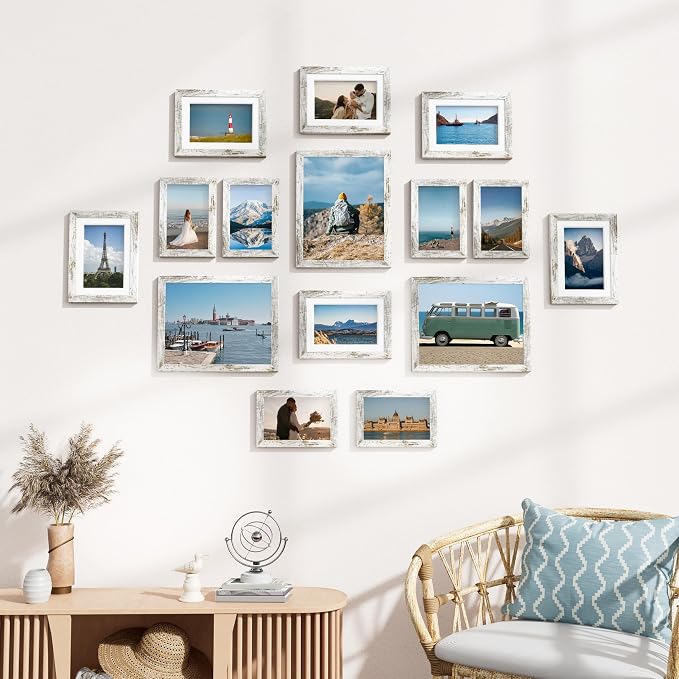 Vittanly 15 Pack Picture Frames Collage Wall Decor, Wall/Tabletop Display | Distressed White, Multi-Size Gallery Wall Frame Set: 3pcs 8x10, 6pcs 5x7, 6pcs 4x6. Picture Frame Set for Family