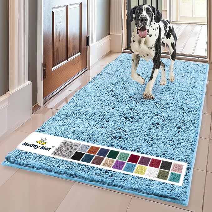 Muddy Mat® | Super Water Absorbent Door Mat Indoor, Microfiber Quick Dry Chenille Entryway Rug, Slip Resistant Front Door Mat, Indoor Mats for Entryway, Machine Washable Pet Rug, Sky Blue 24" x 72"