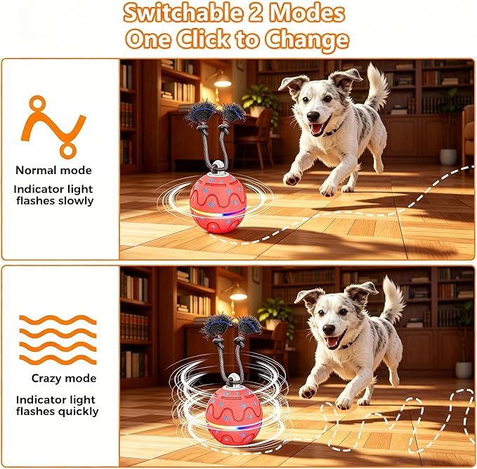 Interactive Dog Ball Toy with 2 Rope, Automatic Rolling & Bouncing Smart Dog Toy with Bird Chirping Sound and LED Light, Soft ETPU Chew-Safe Material, USB Rechargeable, for Medium & Large Dogs