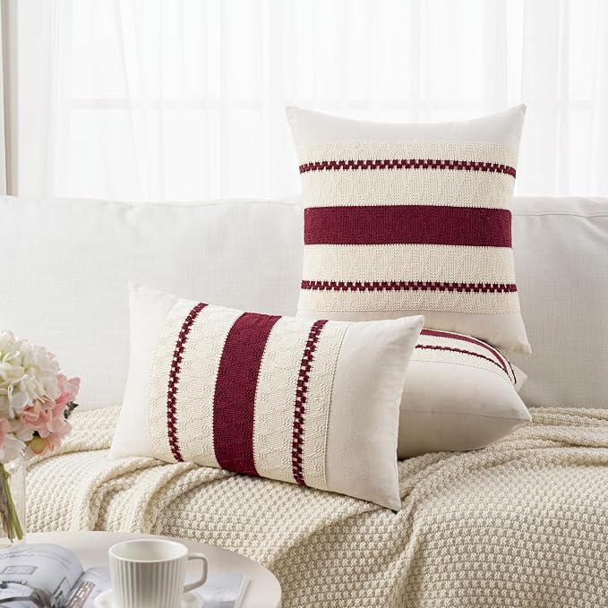 Fancy Homi Set of 2 Burgundy Boho Long Lumbar Decorative Throw Pillow Cover 16x24 Inch for Couch Bed Sofa, Aesthetic Modern Farmhouse Christmas Room Decor, Soft Cotton Cute Wind Red Cushion Case