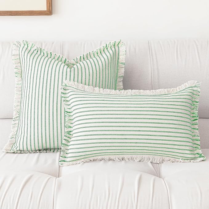 YEENAASY Throw Pillow Covers 18x18 Boho Striped Pillow Cases with Tassel | Set of 2 Fringe Pillow Cover Farmhouse Cushion Covers Neutral Pillows Decorative Square Pillowcase for Couch Sofa Bed, Green