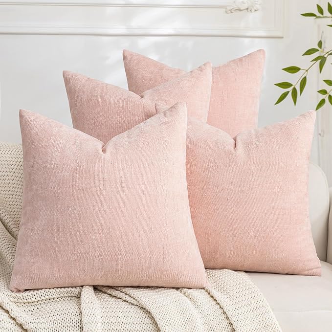 Set of 4 Soft Textured Decorative Throw Pillow Covers 22x22 Inch Cozy Farmhouse Cushion Cover Square Accent Pillow Cases for Bed Couch Sofa Living Room, Light Pink