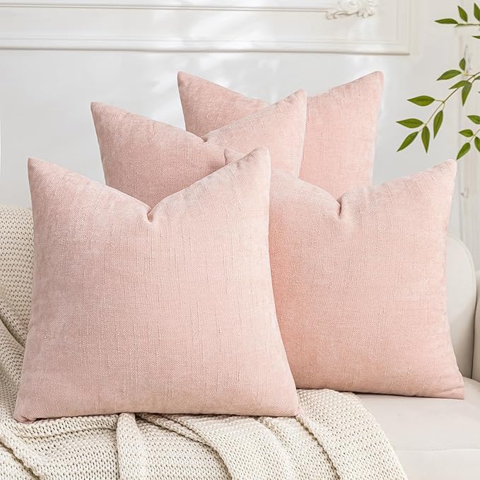Set of 4 Soft Textured Decorative Throw Pillow Covers 18x18 Inch Cozy Farmhouse Cushion Cover Square Accent Pillow Cases for Bed Couch Sofa Living Room, Light Pink