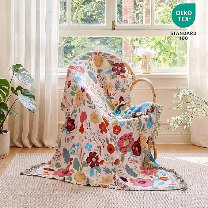 MSGKV Boho Throw Blanket 60"x80" Summer Cotton Floral Twin Size Blanket | Muslin Throw, Twin Size Blanket, Floral Pattern, Reversible Woven, Lightweight Comfort, Farmhouse Decor, Machine Washable
