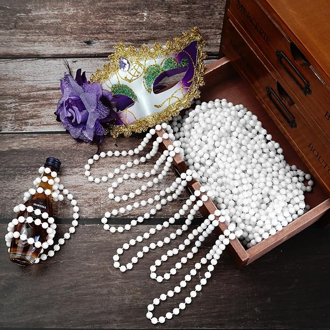 SHAOQINLIN 12 PCS White Bead Necklace, 33" White Mardi Gras Beads, Christmas Necklaces, 4th of July Beads Necklaces, Parade Throws Accessories for Christmas Independence Day New Year Party Favors