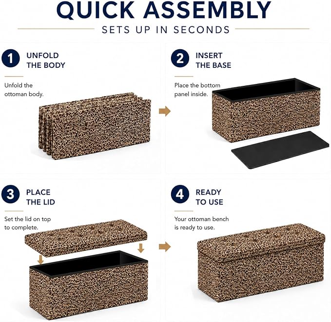 ALASDO 43 Inch Folding Storage Ottoman Bench with Hidden Storage, PU Leather Ottoman Foot Rest Stool, End of Bed Bench for Bedroom, Living Room, Entryway and Closet, Leopard Print