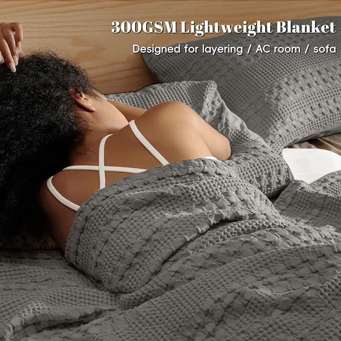 PHF 100% Cotton Waffle Blanket Twin Size, Lightweight Breathable Summer Blanket for Hot Sleepers, Pre-Washed Soft Layer for Bed, Dorm, Couch & Guest Room, Home Decor Gift, 66"x90", Dark Grey