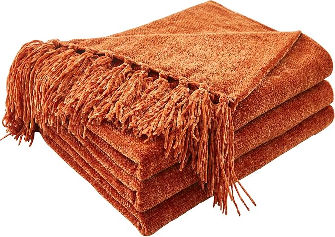 CozeCube Chenille Throw Blanket, Rust Orange Fringe Blanket, 60"X80" | For Couch, Cozy Plush Fuzzy Decorative Blanket with Fringe Tassels, Lightweight Throws for Bed Sofa Gift Home Decor