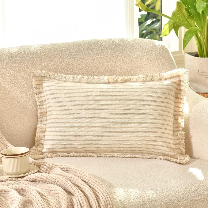 Throw Pillow Covers 12x20 Set of 2 Striped Pillow Covers with Fringe Chic Cotton Decorative Pillows Square Cushion Covers for Sofa Couch Bed Living Room Farmhouse Decor, (Khaki)