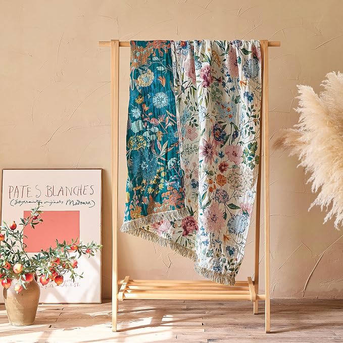 LUTBM Boho Throw Blanket for Couch 50"x60", Cotton Decorative Bed Throw | Reversible Floral Jacquard, All-Season Blankets, For Chair Sofa Living Room Decor, Lightweight Breathable Gauze, Women Gifts