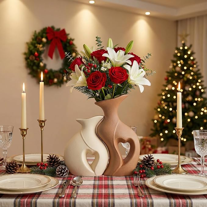 Beige and Brown Ceramic Vase Set of 2，Heart Shaped Home Decor | Nordic, Modern, Table Centerpiece Dining Living Room Office Coffee Table Wedding House Decoration, H 8.5 Inches