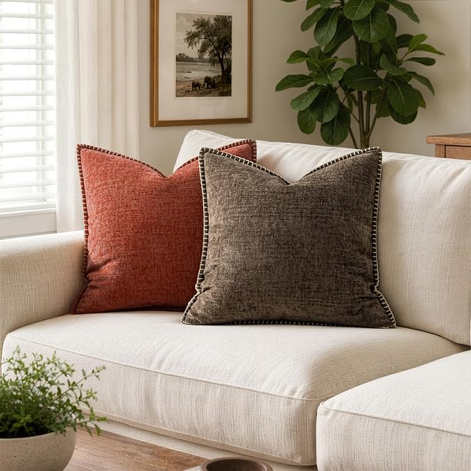 MIULEE Decorative Couch Throw Pillow Covers 16x16 Inch Brown 2 Pack | Farmhouse Pillow Covers with Stitched Edge, Soft Chenille Cushion Cases, for Sofa Bed Living Room Home Decor