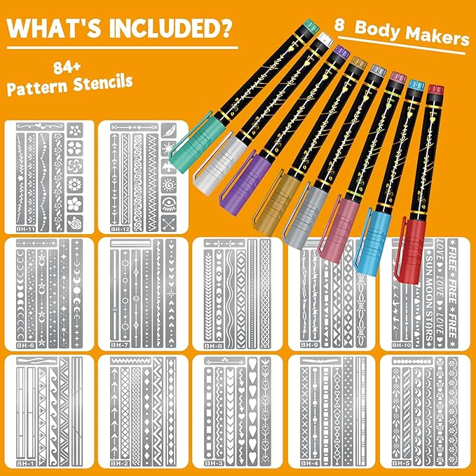Temporary Tattoo Markers for Skin, 8 Body Markers + 84 Minimalist Armband Tattoo Stencil for Kids Adult, Flexible Brush Tip & Bright Colors Body Marker and Tattoos Stencils Set for Party Favor Gift