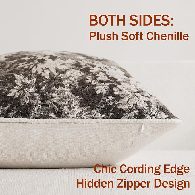 Pack of 2 Vintage Floral Throw Pillow Covers 16x16 Boho Farmhouse Accents Chenille Square Decorative Pillow Cases for Living Room Couch Bed Home Decor, Grey