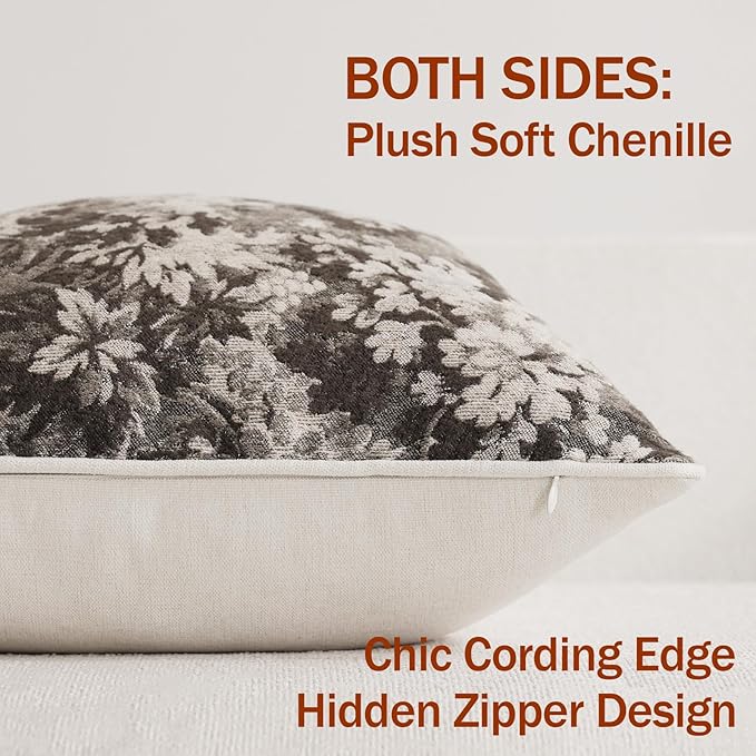 Pack of 2 Vintage Floral Throw Pillow Covers 20x20 Boho Farmhouse Accents Chenille Square Decorative Pillow Cases for Living Room Couch Bed Home Decor, Grey