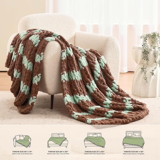 L'AGRATY Chunky Knit Throw Blanket for Couch, 60 x 80 Inches, Brown Green | Handmade Chenille Crochet Blanket for Sofa Bed, Thick Cable Knitted Blankets for Room Home Decor, Birthday Gift for Women Mom