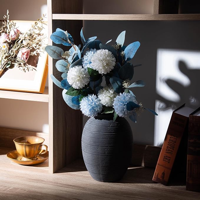 8 Inch Ceramic Black Vase -Rustic Flower Decorative Vases for Home Decor- Vintage Pottery VaseTerracotta Vase for Christmas, Farmhouse House Shelf Decor Farmhouse Table, Lyeec