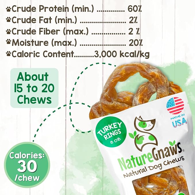 Nature Gnaws USA Turkey Tendon Rings Dog Treats, 8 oz | Grain Free Reward Snack for Small, Medium & Large Breeds - Premium Natural Dog Chew Treats - No Artificial Preservatives