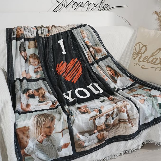 Custom Blanket with Picture Text, Personalized 10 Photo Blanket, HD Printing Customized Flannel Throw Blanket Gifts for Mom Dad Couple Girlfriend Boyfriend Wife Husband Christmas