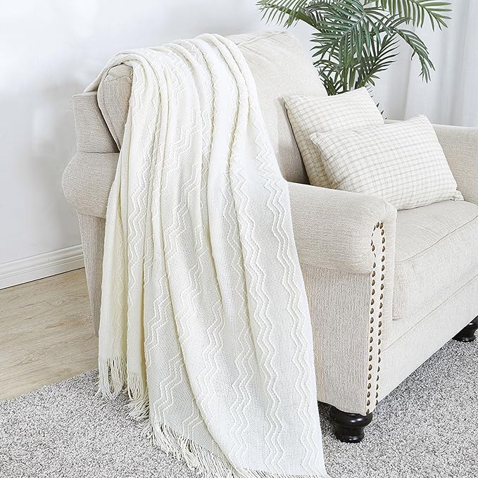 BOURINA Off White Throw Blanket 50x60Inch Boho Knit Soft Throw Sofa Blanket | Knitted Throw Blanket 50x60 Inches, Soft Lightweight Boho Weave Throw Decorative Couch Blanket for Living Room Bedroom Chair