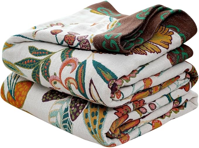 LUTBM Boho Throw Blanket for Bed 60"x80", 100% Cotton Cozy Couch Blankets | Reversible Floral Leave Jacquard, All-Season Twin Quilt, For Chair Sofa Living Room Decor, Lightweight Breathable, Home Decor