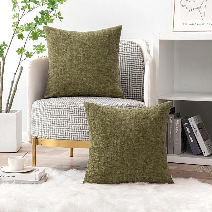MIULEE Soft Chenille Throw Pillow Covers Olive Green 16x16 Inch Pack of 2 | Modern Home Decor, Classic Decorative Pillows, Solid Dyed Cases, Boho Couch Cushion Covers for Sofa Bed Living Room