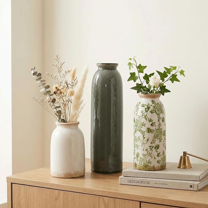 Vintage Ceramic Vase Set of 3, Flower Small Chinoiserie Vase Rustic Modern Farmhouse Centerpiece Decorative Pottery Vases for Table Mantel Entryway Bookshelf Living Room Kitchen Home Decor