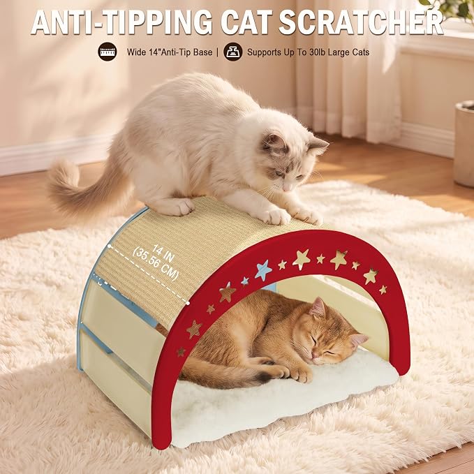 Cat Scratcher Bed, 3 in 1 Design-Bed, Scratcher, Hideaway Cave | with Elevated Sisal Pad & Reversible Fleece Mat,Sturdy HDPE Lounge for Indoor Cats, Tool-Free 30s Assembly, Supports 30 lbs