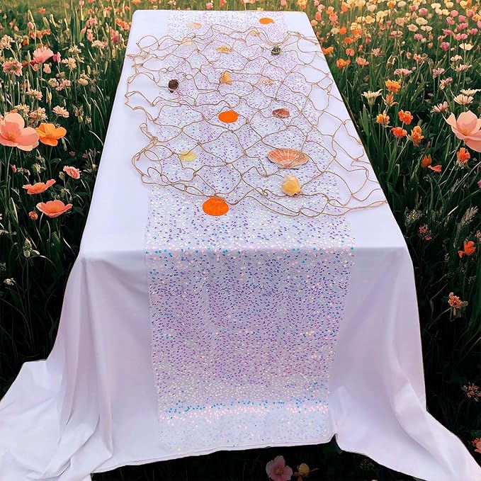 White Sequin Table Runner, 10 Ft 2 Pack, Perfect for 6 - 8 Ft Tables, Iridescent Table Runner 120" x 17" for Wedding Birthday Party Decorations
